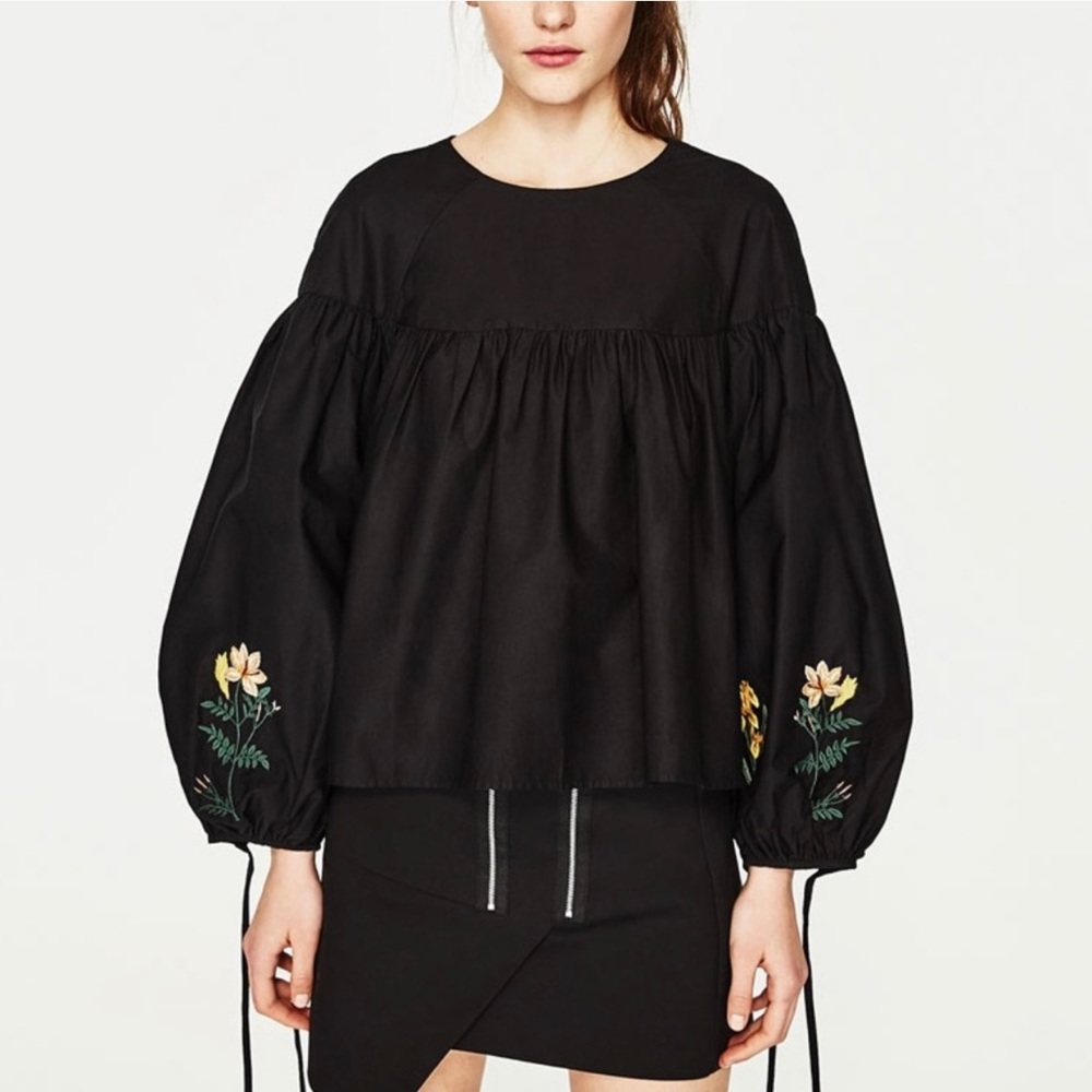 Zara Black Long Sleeve Embroidered Top